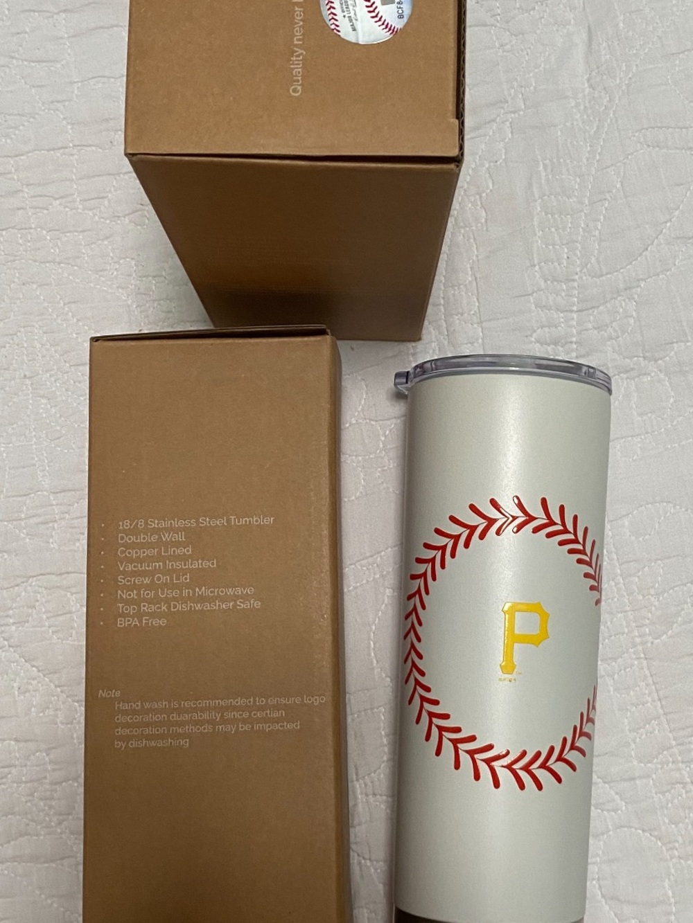 White Baseball-Design Insulated Tumbler with Yellow P Logo